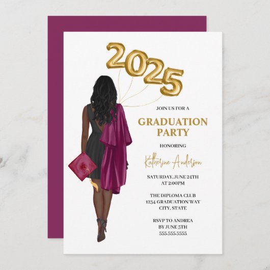 マルーンアフリカ系アメリカ人女性の卒業式パーティー 招待状 (正面/裏面)