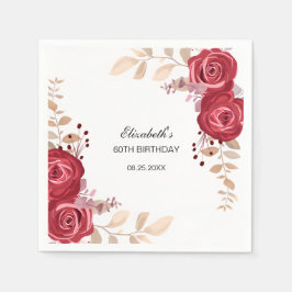 マルーンエレガントバラフローラグリーナリー誕生日 スタンダードカクテルナプキン