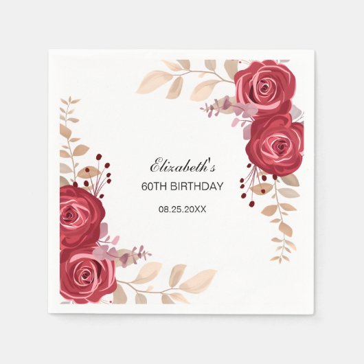 マルーンエレガントバラフローラグリーナリー誕生日 スタンダードカクテルナプキン (正面)