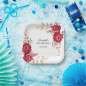 マルーンエレガントバラフローラグリーナリー誕生日 ペーパープレート (パーティー)