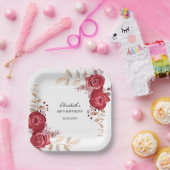 マルーンエレガントバラフローラグリーナリー誕生日 ペーパープレート (パーティー)