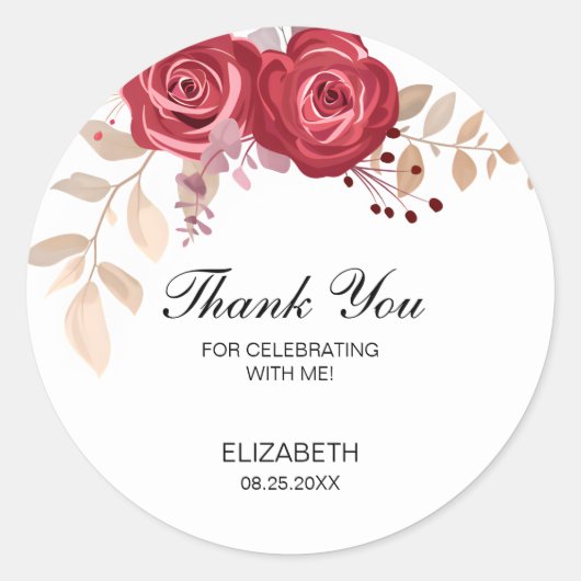 マルーンエレガントバラフローラグリーナリー誕生日 ラウンドシール (正面)