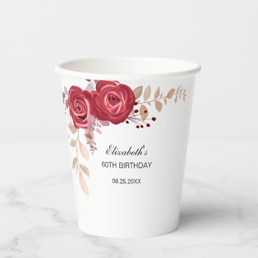 マルーンエレガントバラフローラグリーナリー誕生日 紙コップ (正面)