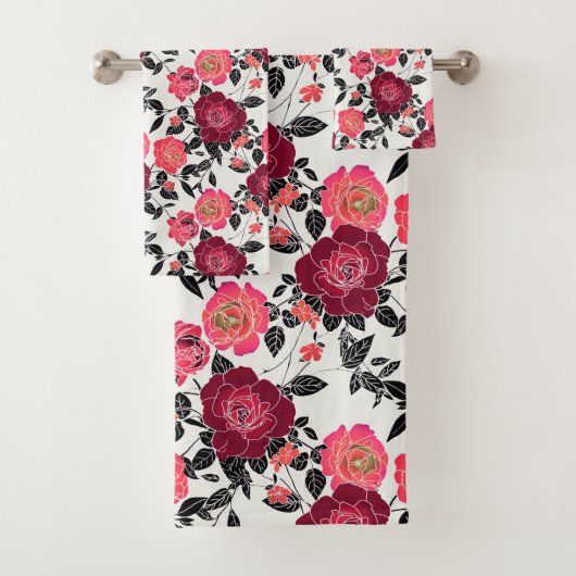 マルーンエレガントピンクブルゴーニュバラフローラルパターン バスタオルセット (インサイチュ)