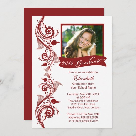 マルーンエレガントフォト卒業パーティー招待状 招待状 (正面/裏面)