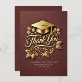 マルーンエレガント金ゴールドグラッドキャップリーフ卒業 サンキューカード (正面/裏面)