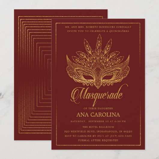 マルーンエレガント金ゴールドグリッターマスカレードキンセアニラ 招待状 (正面/裏面)