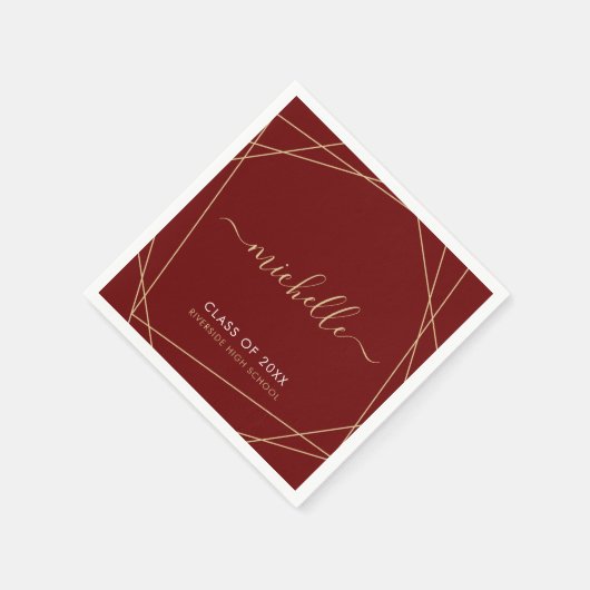 マルーンエレガント金ゴールド卒業名幾何学模様 スタンダードカクテルナプキン (角)