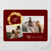 マルーンクラシッククリスマスモノグラムリースTWO写真 箔シーズンカード (正面)