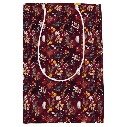 マルーンクリスマスフェスティバル装飾羽フローラ ミディアムペーパーバッグ (正面)