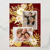マルーンクリスマスポインセチア写真コラージュ金ゴールド 箔シーズンカード (正面)