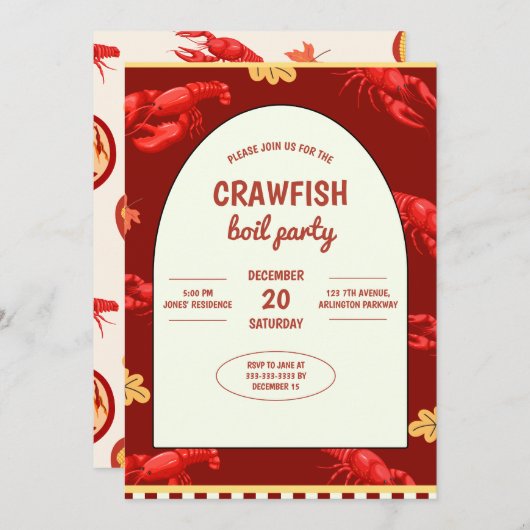 マルーンクロフィッシュボイルパーティーピクニックお祝い 招待状 (正面/裏面)