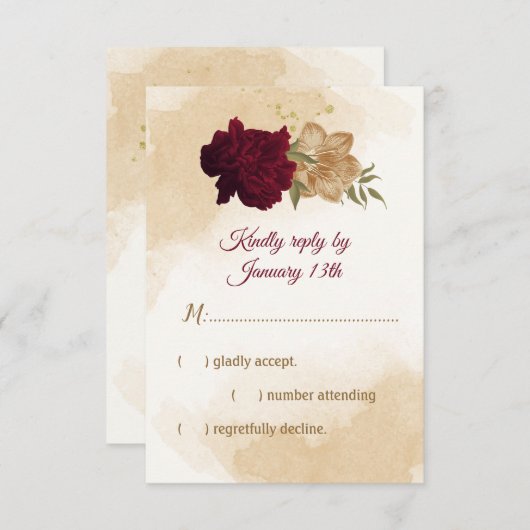 マルーングリーンベージュ金ゴールド植物学 出欠カード (正面/裏面)