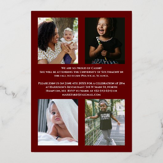 マルーングールドのコンフェッティーフォイル卒業発表 箔招待状 (裏面)