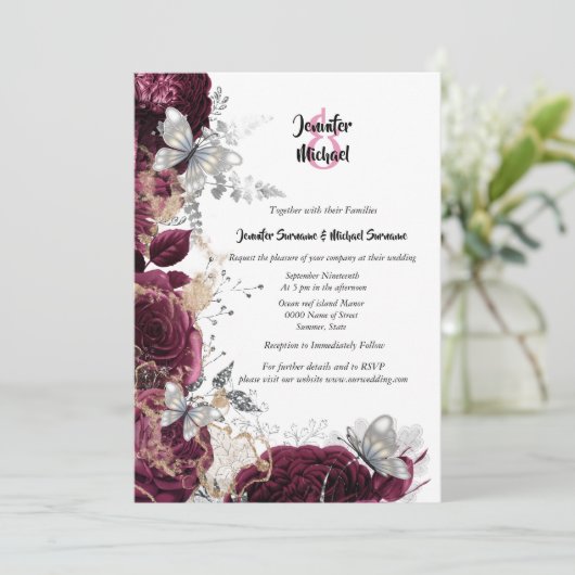 マルーンシルバーバラバタフライシックなエレガントな結婚式 招待状 (スタンド正面)