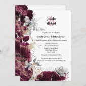 マルーンシルバーバラバタフライシックなエレガントな結婚式 招待状 (正面/裏面)