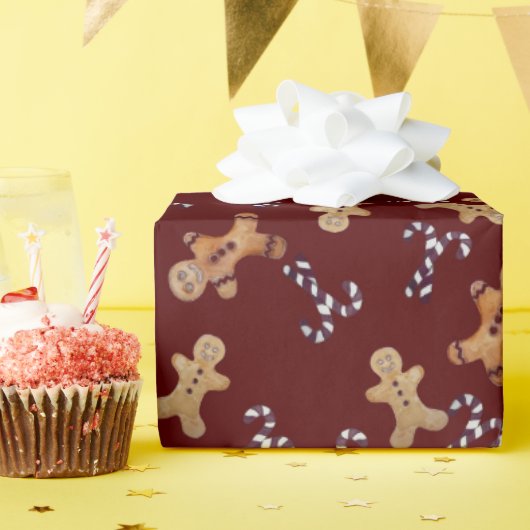 マルーンジンジャーブレッドマン&キャンディーケーンクリスマスラップ ラッピングペーパー (誕生日パーティー)