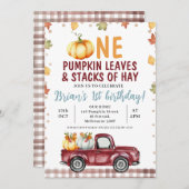 マルーントラックパンプキ離れンズ乾草の最初の誕生日 招待状 (正面/裏面)