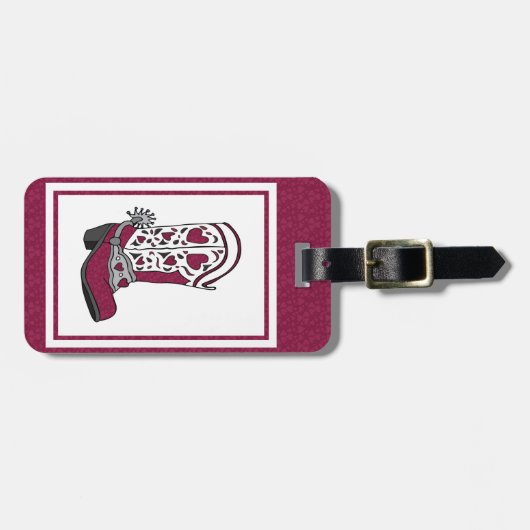 マルーンハートパターン（の模様が）あるブーツ ラゲッジタグ (正面横)