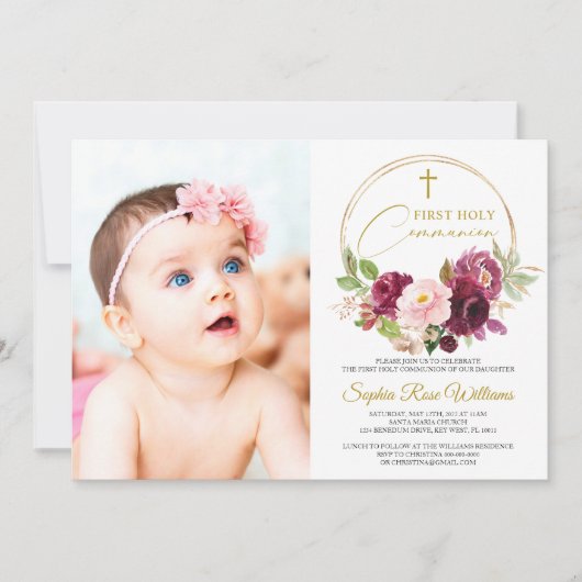 マルーンバラフローラフォトガールファースト聖餐式 招待状 (正面)