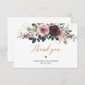 マルーンバラ花赤面フローラ金ゴールドグリッター サンキューカード (正面/裏面)