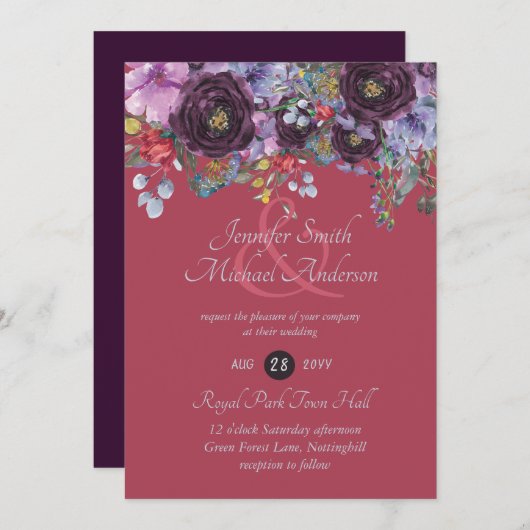 マルーンパープルピンクベリーフローラ結婚式招待状 (正面/裏面)