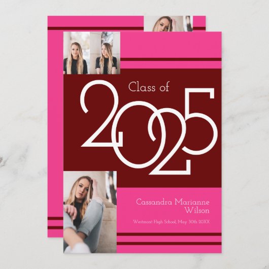 マルーンピンクのスクールカラー卒業発表 招待状 (正面/裏面)