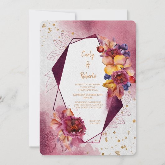 マルーンピンクモダンフローラ幾何結婚フレーム 招待状 (正面)