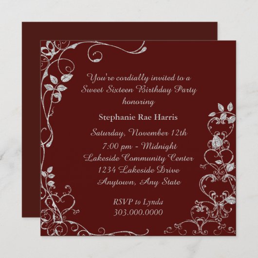 マルーンフェイクダイヤモンドスワールスウィート16誕生日パーティー 招待状 (正面/裏面)