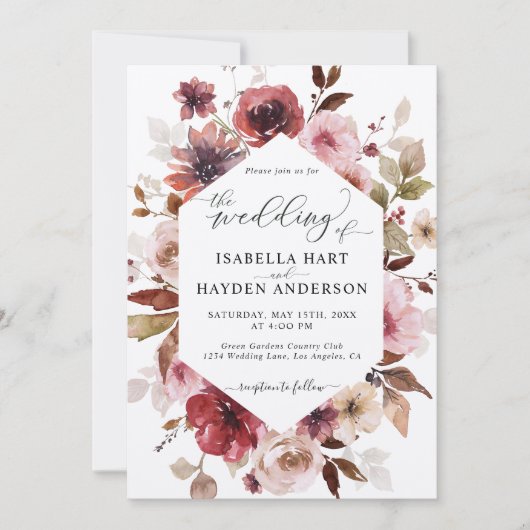 マルーンブラウン赤面ピンクオールイン1 QRコード結婚ズ 招待状 (正面)