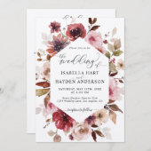 マルーンブラウン赤面ピンクオールイン1 QRコード結婚ズ 招待状 (正面/裏面)