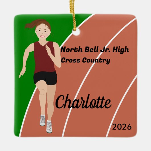 マルーンブラックのトラックアンドフィールドガールブラウンヘア セラミックオーナメント (正面)