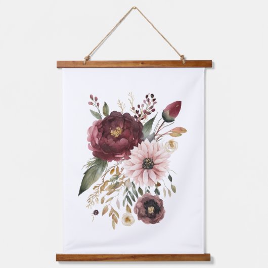 マルーンブルガンディピンクウォーター色フローラ植物学 吊り下げ型タペストリー (正面)