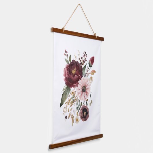 マルーンブルガンディピンクウォーター色フローラ植物学 吊り下げ型タペストリー (傾斜あり)