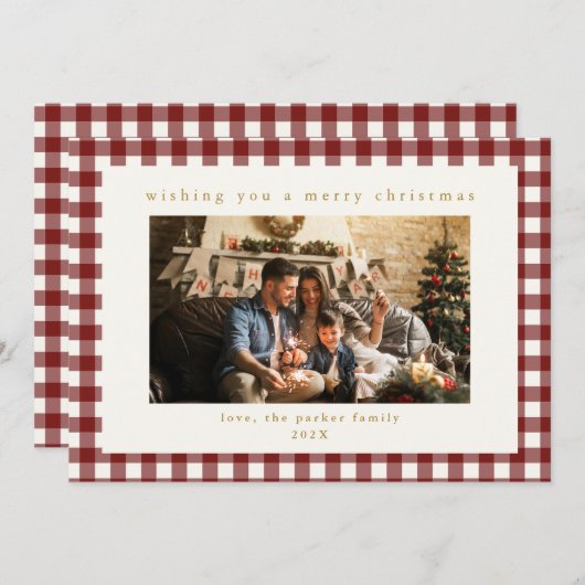 マルーンプレイドカスタム写真クリスマスホリデーカード シーズンカード (正面/裏面)