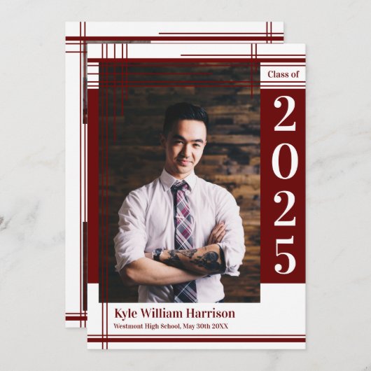 マルーンホワイトスクールカラー卒業写真プライド 招待状 (正面/裏面)