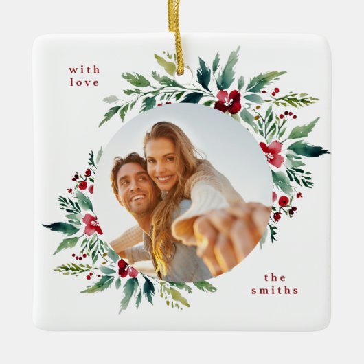 マルーンラウンド写真フローラキッズクリスマス セラミックオーナメント (正面)