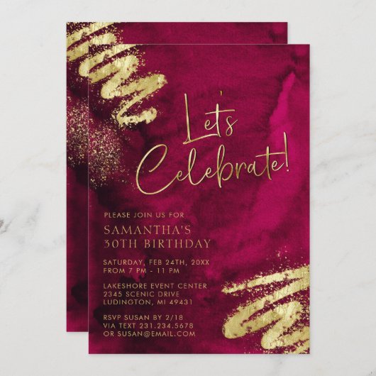 マルーンレッドと金ゴールド誕生日招待状 招待状 (正面/裏面)