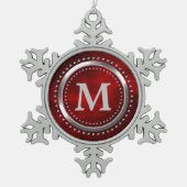 マルーンレッドフェイククロムモノグラムクリスマス スノーフレークピューターオーナメント (正面)