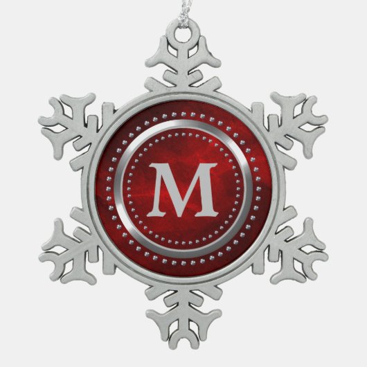 マルーンレッドフェイククロムモノグラムクリスマス スノーフレークピューターオーナメント (正面)