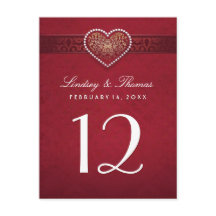 マルーンレッドフローラハートテーブル番号カード