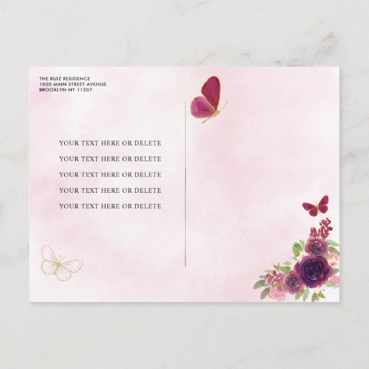 マルーンレッドプラム金ゴールドフローラプリンセスキンセアニラ インビテーションポストカード (裏面)