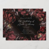 マルーンレッドラストバラ&スカルバースデーパーティー 招待状 (正面/裏面)