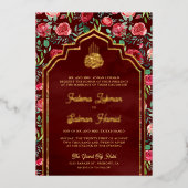 マルーンレッドローゼスフローラムスリム結婚ズ金ゴールド 箔招待状 (正面)