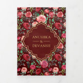 マルーンレッドローゼスフローラ金ゴールド結婚インディアン 三つ折り招待状 (カバー)