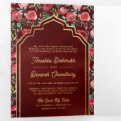 マルーンレッドローゼスフローラ金ゴールド結婚インディアン 三つ折り招待状 (内部最初)