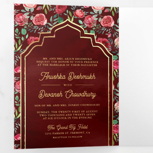マルーンレッドローゼスフローラ金ゴールド結婚インディアン 三つ折り招待状 (内部最初)