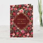 マルーンレッドローゼスフローラ金ゴールド結婚インディアン 招待状 (正面)