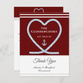 マルーンレッド航海のロープハート結婚いかり サンキューカード (正面/裏面)