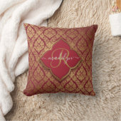 マルーンレッド金ゴールドフルーアダマスクパターンモノグラム クッション (ブランケット)